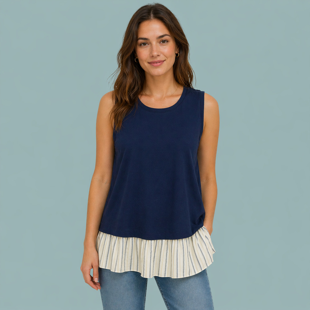 By Anthropologie Size XL Navy Blue Twofer Sleeveless Open Cut Out Tunic Tank Top